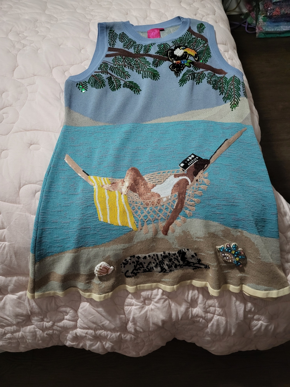 Queen Of Sparkles Beach Scene Sleeveless Knit Dress with Sequin Embellishments - Picture 1 of 1